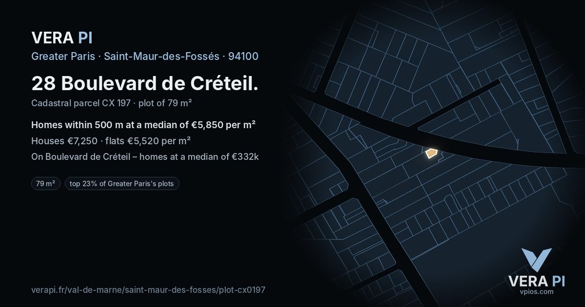 28 Boulevard de Créteil, Saint-Maur-des-Fossés at night – the plot lit, the parcels around coloured by the prices near them