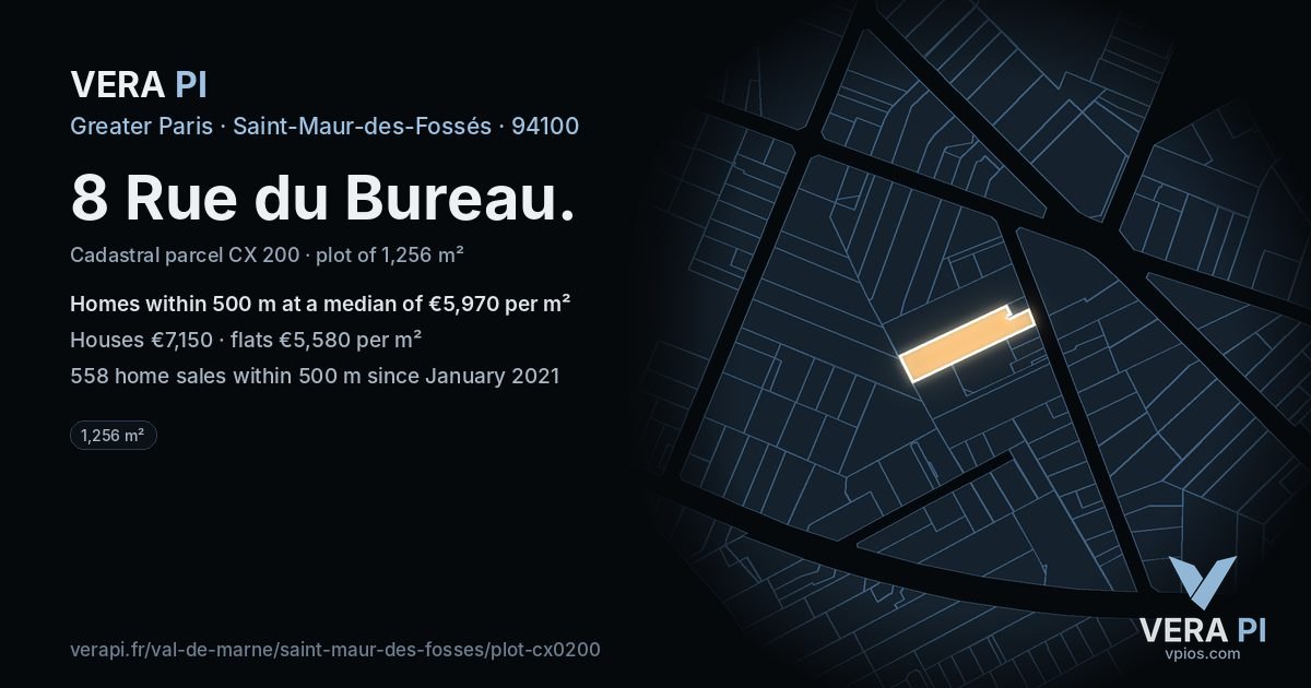 8 Rue du Bureau, Saint-Maur-des-Fossés at night – the plot lit, the parcels around coloured by the prices near them