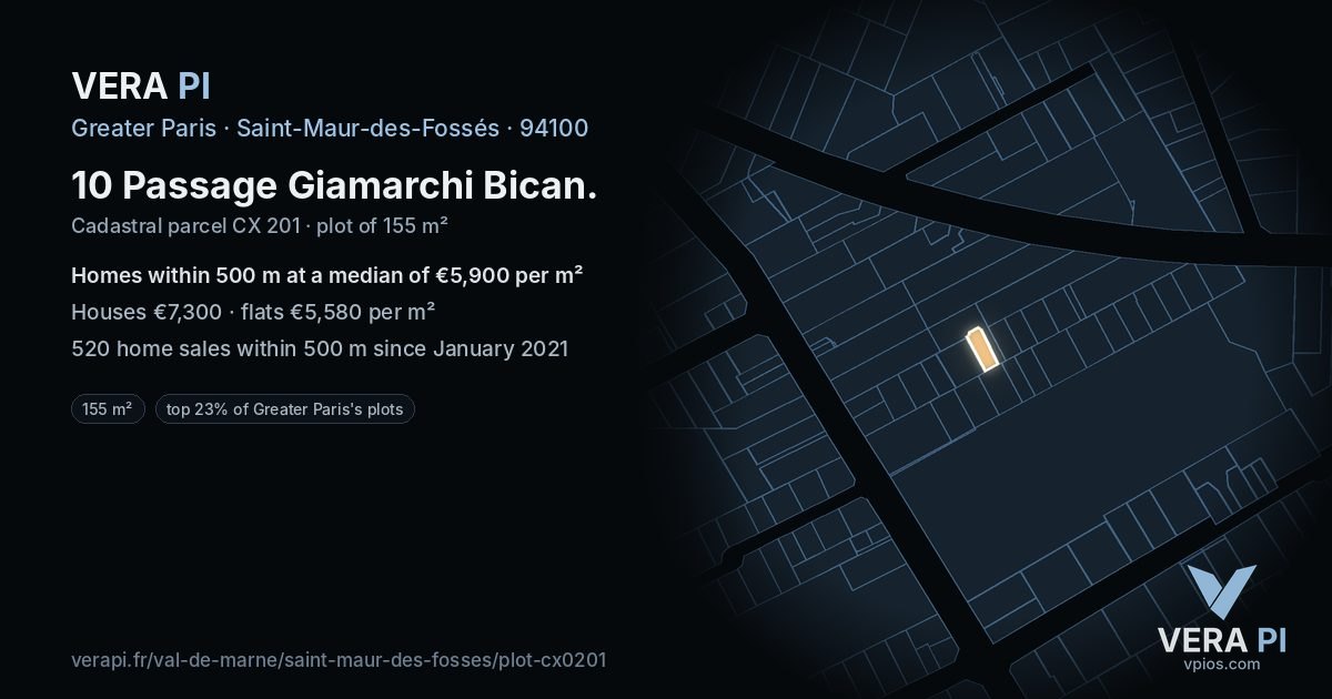 10 Passage Giamarchi Bican, Saint-Maur-des-Fossés at night – the plot lit, the parcels around coloured by the prices near them