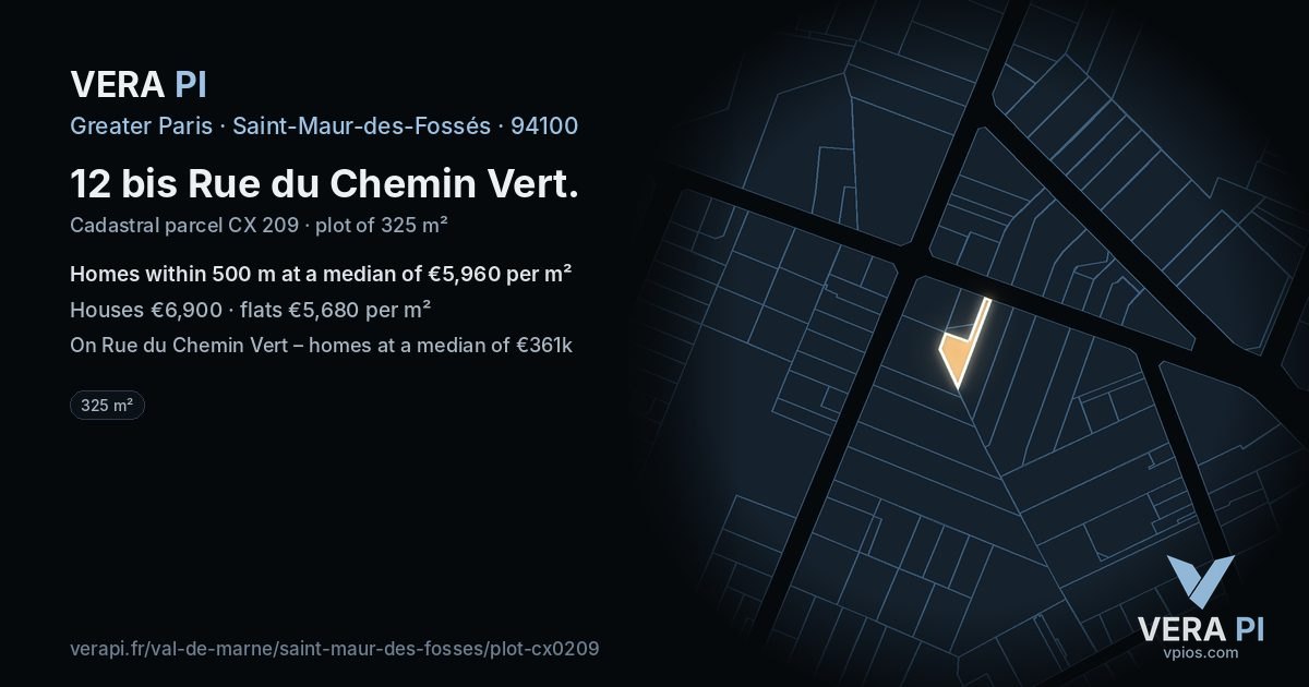 12 bis Rue du Chemin Vert, Saint-Maur-des-Fossés at night – the plot lit, the parcels around coloured by the prices near them