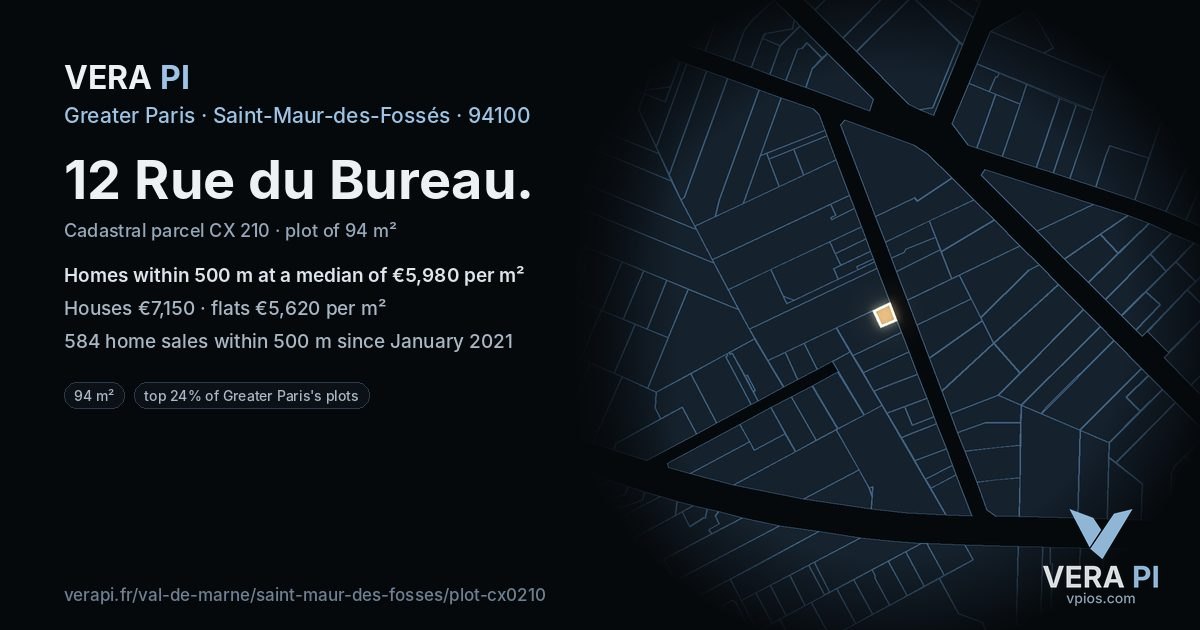 12 Rue du Bureau, Saint-Maur-des-Fossés at night – the plot lit, the parcels around coloured by the prices near them