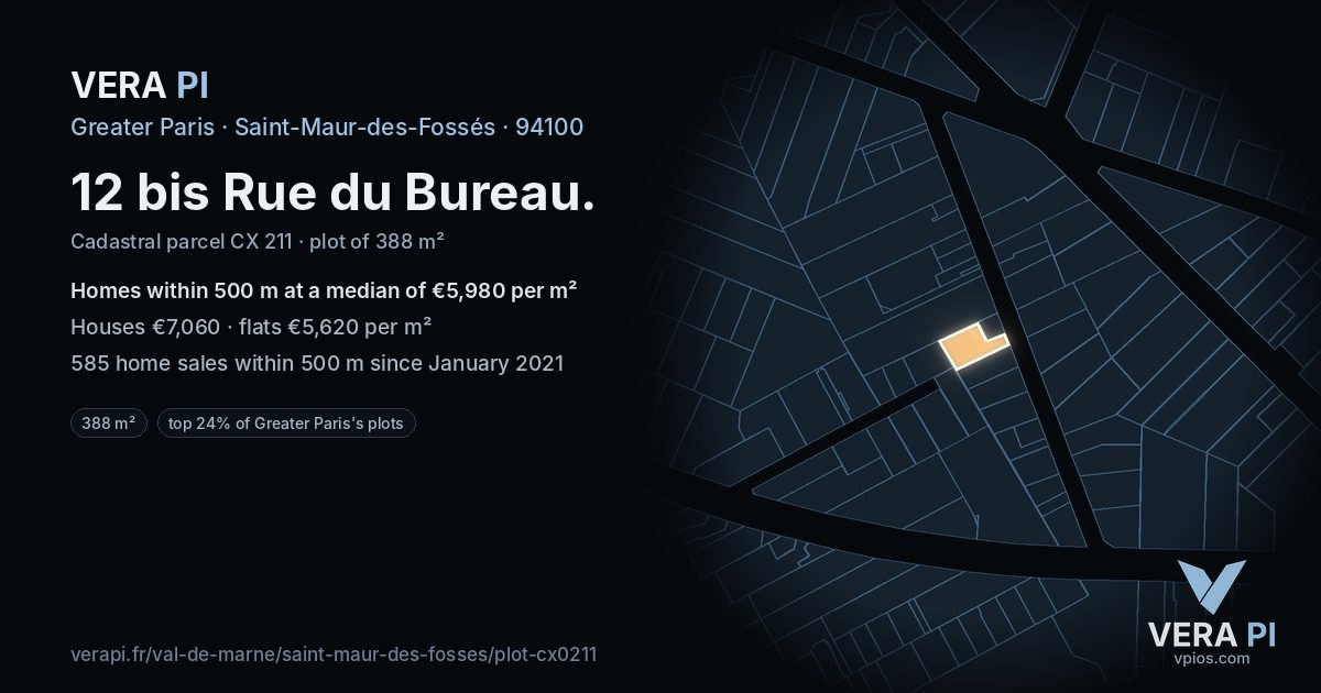 12 bis Rue du Bureau, Saint-Maur-des-Fossés at night – the plot lit, the parcels around coloured by the prices near them