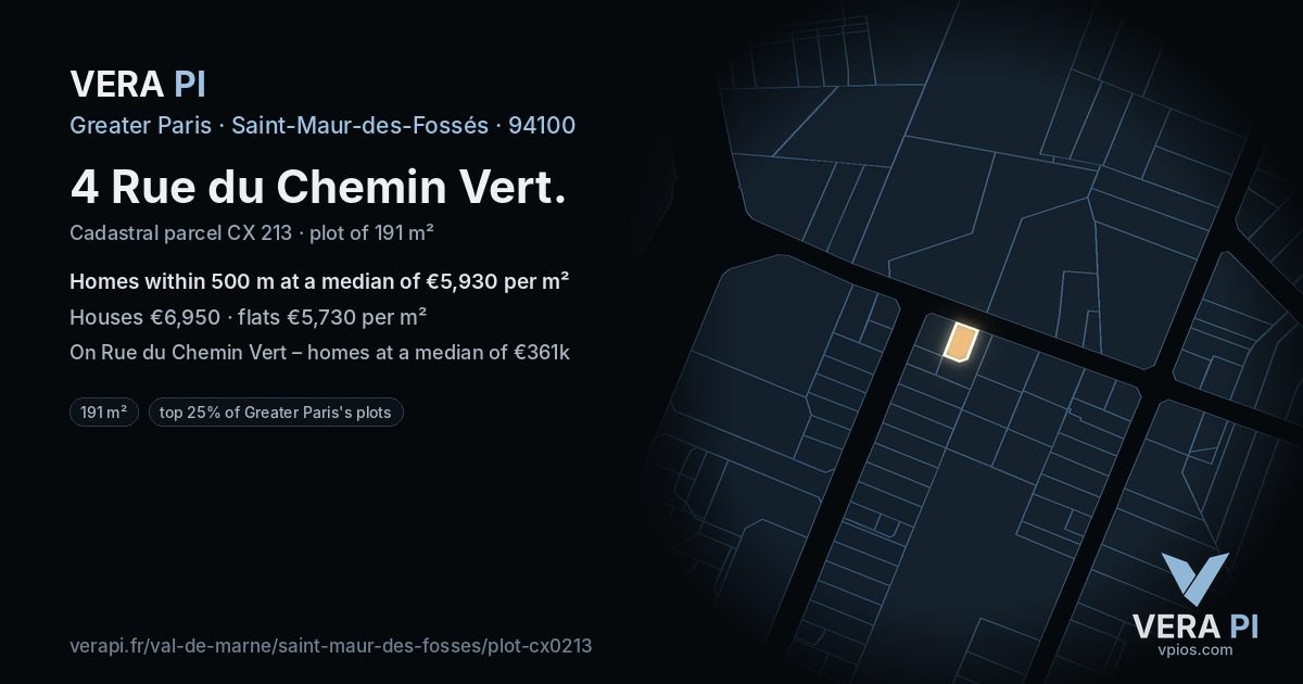 4 Rue du Chemin Vert, Saint-Maur-des-Fossés at night – the plot lit, the parcels around coloured by the prices near them