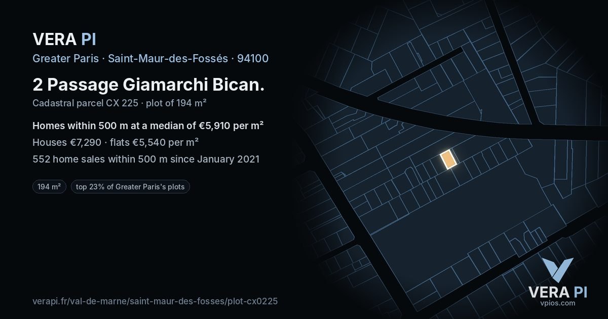 2 Passage Giamarchi Bican, Saint-Maur-des-Fossés at night – the plot lit, the parcels around coloured by the prices near them