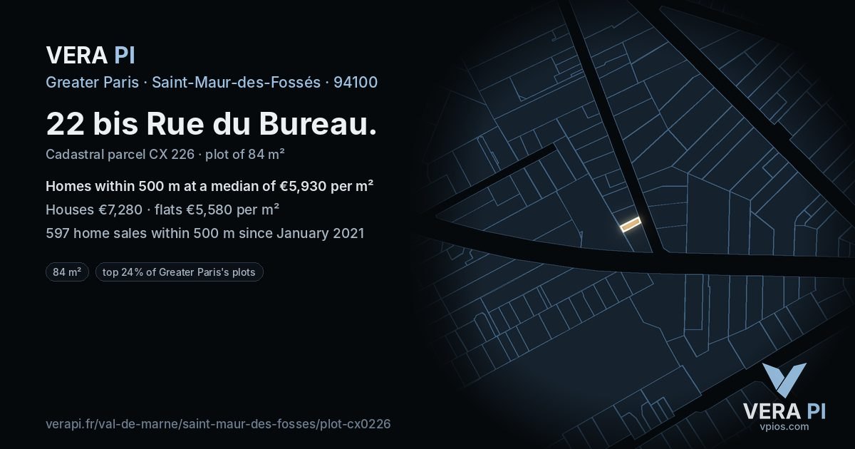 22 bis Rue du Bureau, Saint-Maur-des-Fossés at night – the plot lit, the parcels around coloured by the prices near them