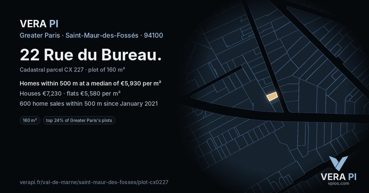 22 Rue du Bureau, Saint-Maur-des-Fossés at night – the plot lit, the parcels around coloured by the prices near them