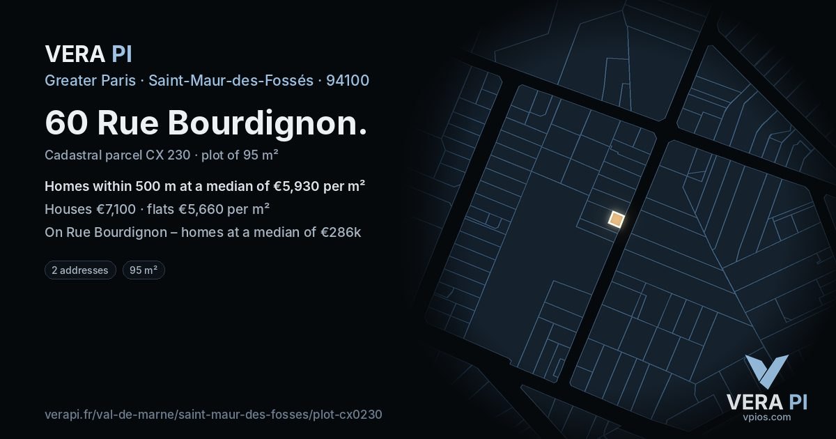 60 Rue Bourdignon, Saint-Maur-des-Fossés at night – the plot lit, the parcels around coloured by the prices near them