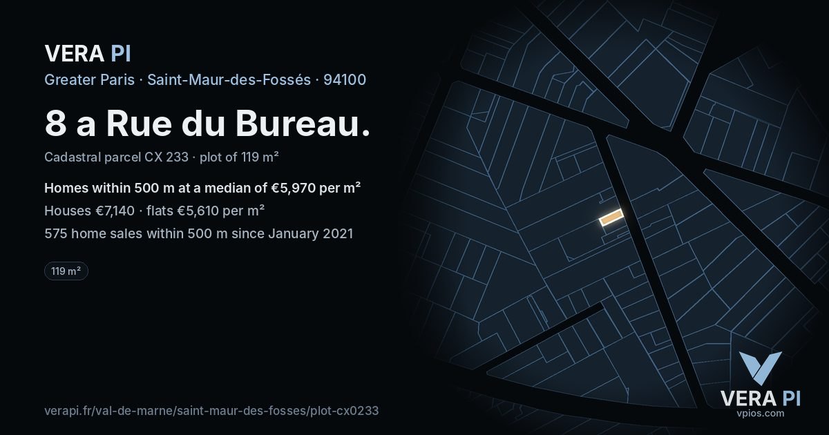 8 a Rue du Bureau, Saint-Maur-des-Fossés at night – the plot lit, the parcels around coloured by the prices near them