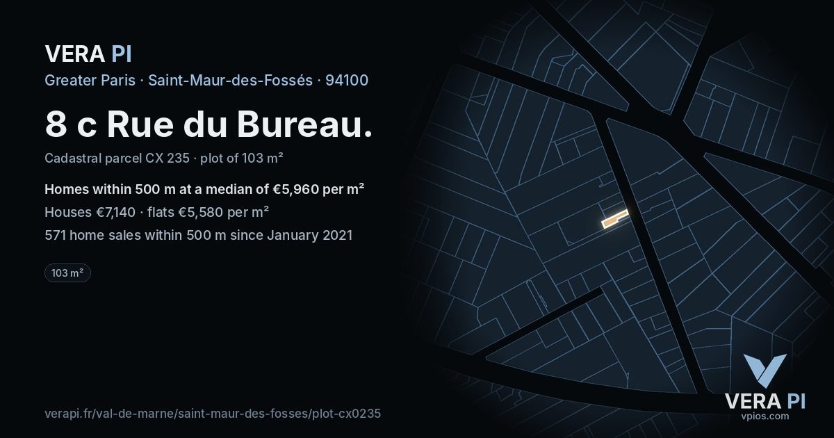 8 c Rue du Bureau, Saint-Maur-des-Fossés at night – the plot lit, the parcels around coloured by the prices near them