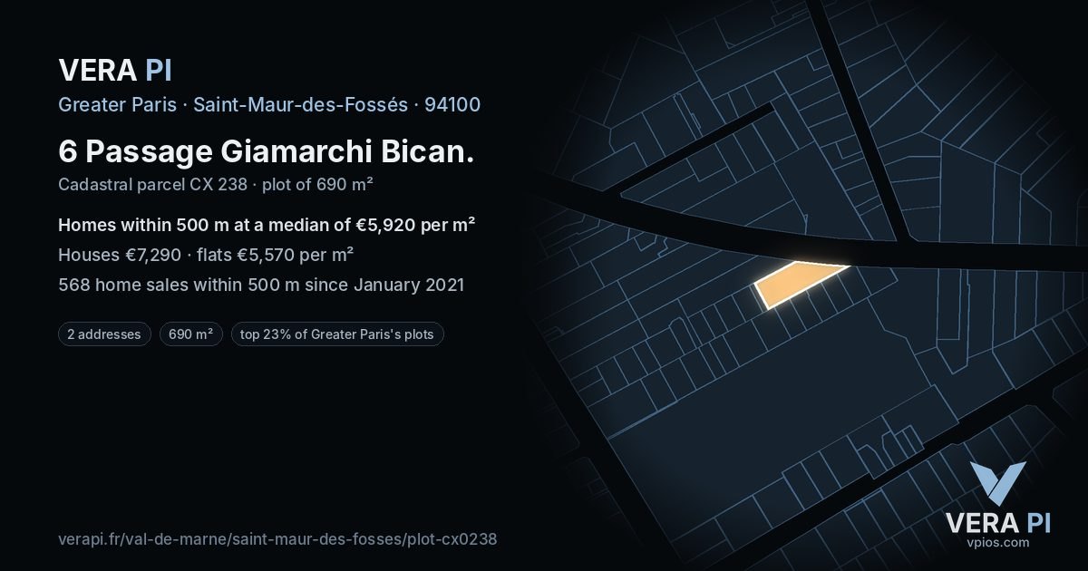 6 Passage Giamarchi Bican, Saint-Maur-des-Fossés at night – the plot lit, the parcels around coloured by the prices near them
