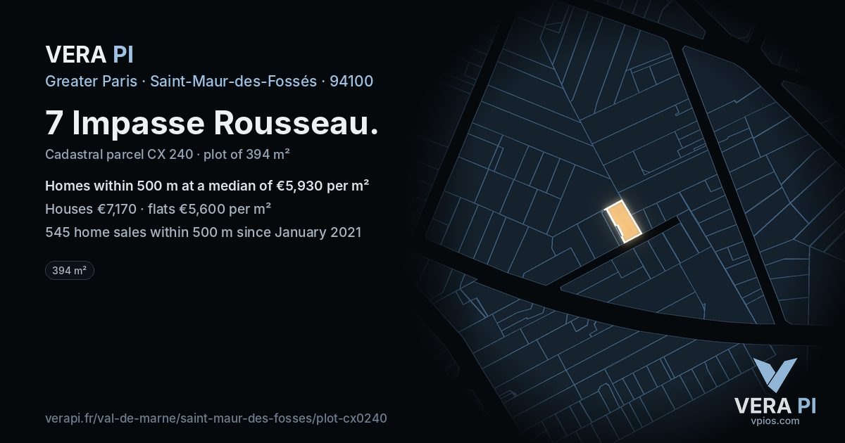 7 Impasse Rousseau, Saint-Maur-des-Fossés at night – the plot lit, the parcels around coloured by the prices near them
