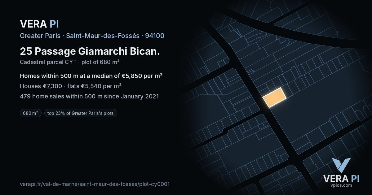 25 Passage Giamarchi Bican, Saint-Maur-des-Fossés at night – the plot lit, the parcels around coloured by the prices near them
