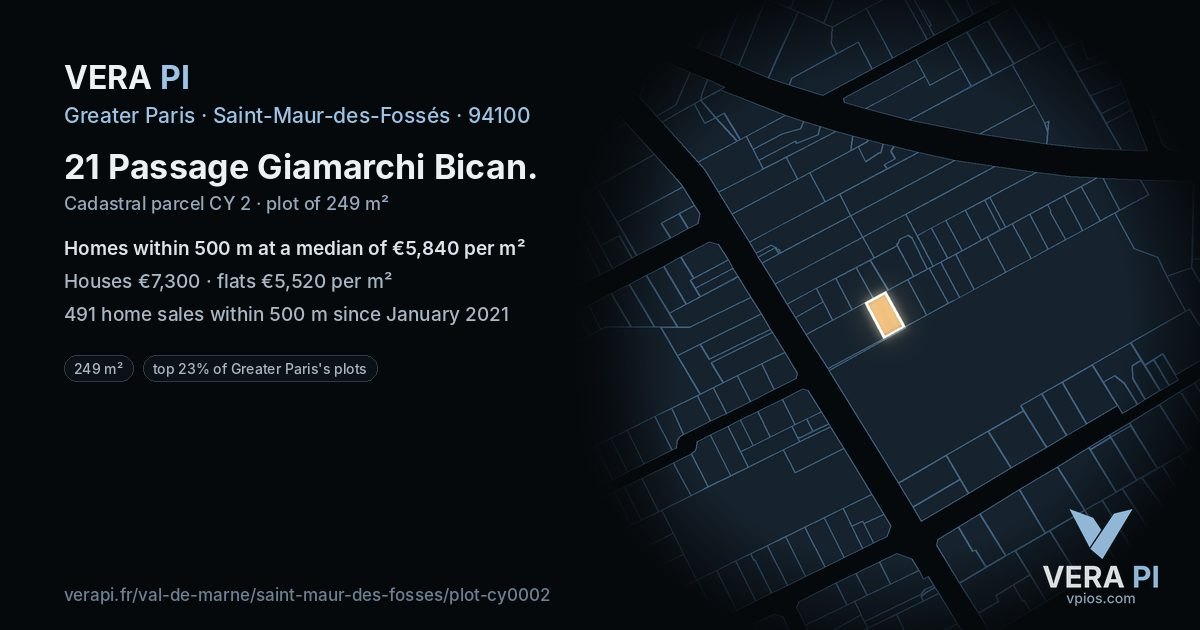 21 Passage Giamarchi Bican, Saint-Maur-des-Fossés at night – the plot lit, the parcels around coloured by the prices near them