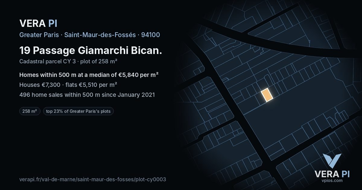 19 Passage Giamarchi Bican, Saint-Maur-des-Fossés at night – the plot lit, the parcels around coloured by the prices near them