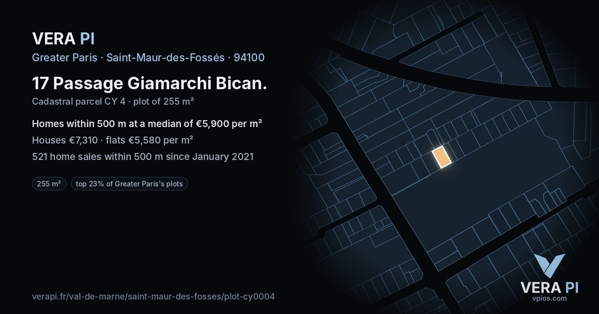 17 Passage Giamarchi Bican, Saint-Maur-des-Fossés at night – the plot lit, the parcels around coloured by the prices near them
