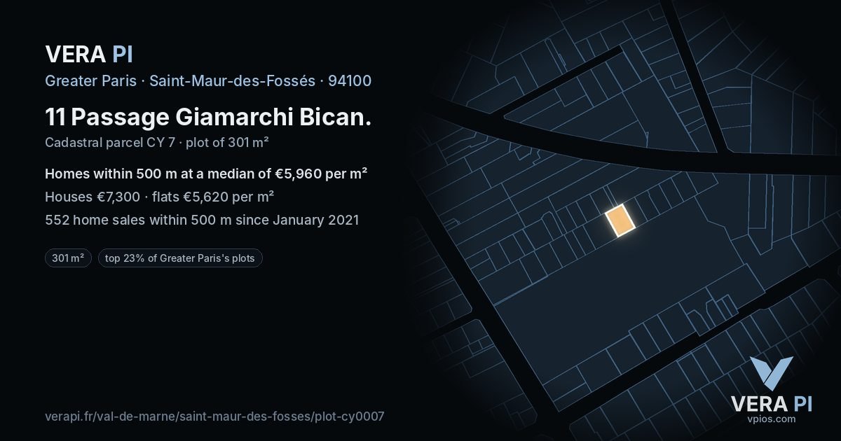 11 Passage Giamarchi Bican, Saint-Maur-des-Fossés at night – the plot lit, the parcels around coloured by the prices near them