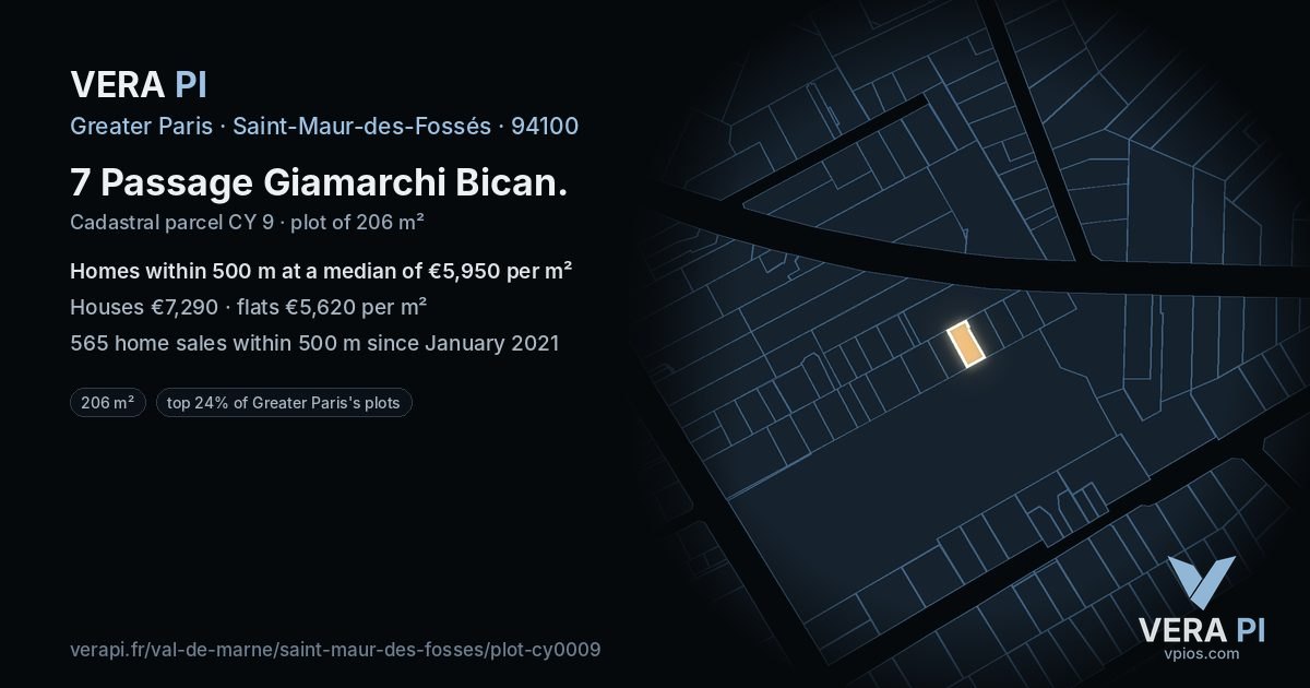 7 Passage Giamarchi Bican, Saint-Maur-des-Fossés at night – the plot lit, the parcels around coloured by the prices near them