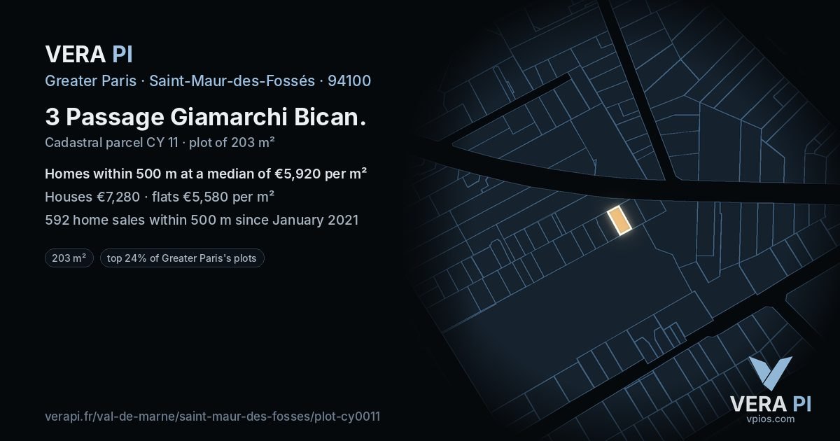 3 Passage Giamarchi Bican, Saint-Maur-des-Fossés at night – the plot lit, the parcels around coloured by the prices near them