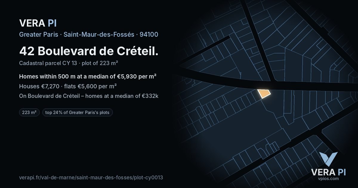 42 Boulevard de Créteil, Saint-Maur-des-Fossés at night – the plot lit, the parcels around coloured by the prices near them