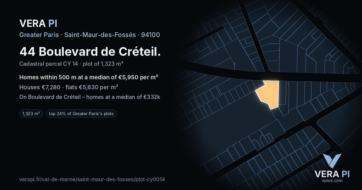 44 Boulevard de Créteil, Saint-Maur-des-Fossés at night – the plot lit, the parcels around coloured by the prices near them