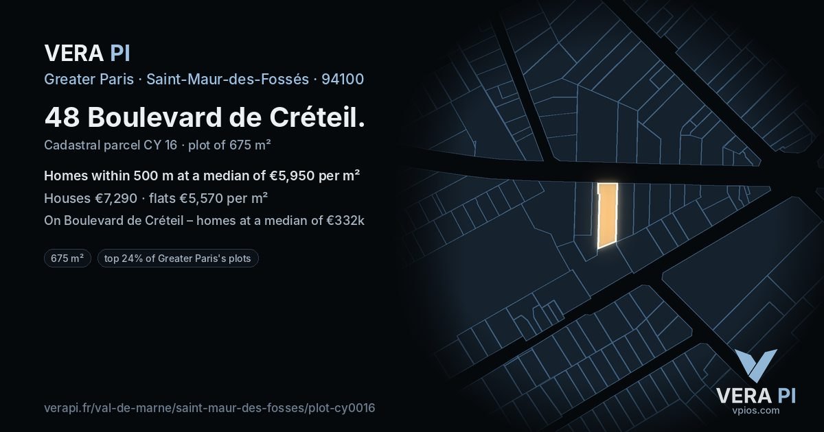 48 Boulevard de Créteil, Saint-Maur-des-Fossés at night – the plot lit, the parcels around coloured by the prices near them