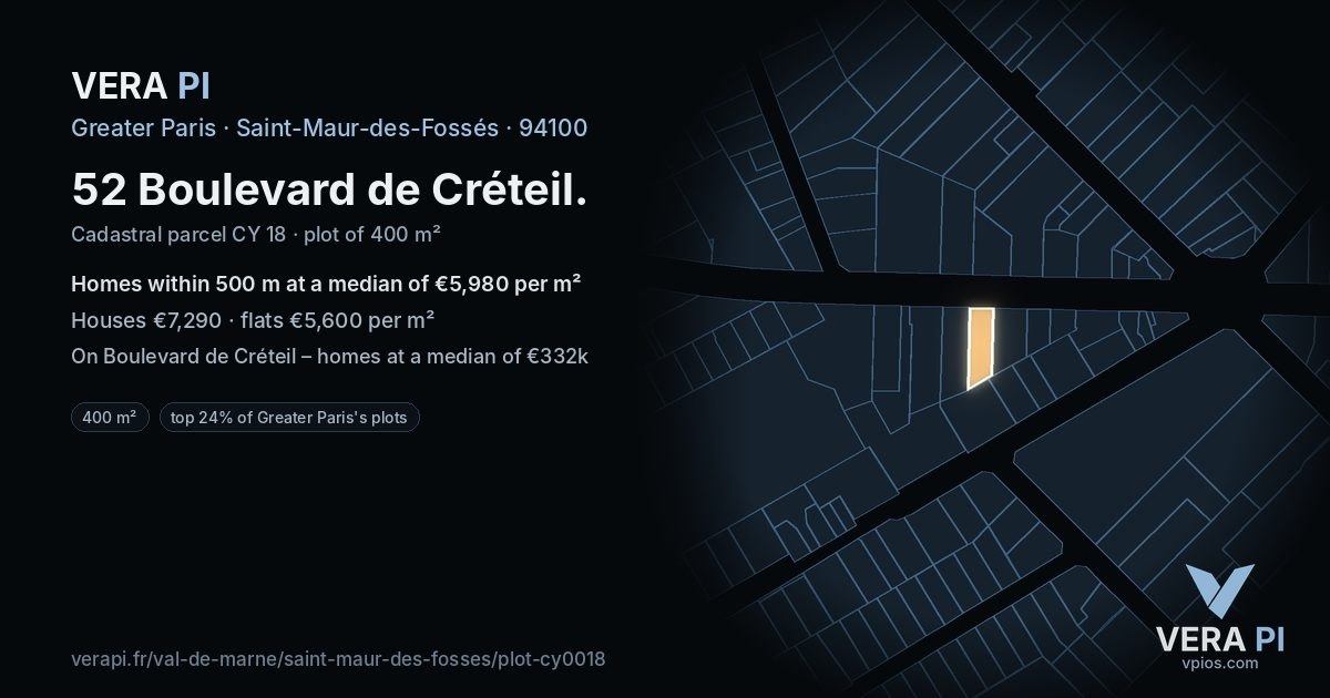 52 Boulevard de Créteil, Saint-Maur-des-Fossés at night – the plot lit, the parcels around coloured by the prices near them