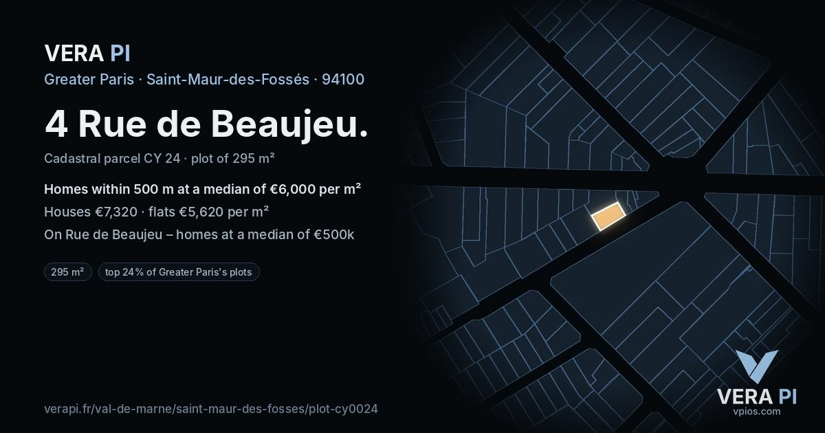 4 Rue de Beaujeu, Saint-Maur-des-Fossés at night – the plot lit, the parcels around coloured by the prices near them