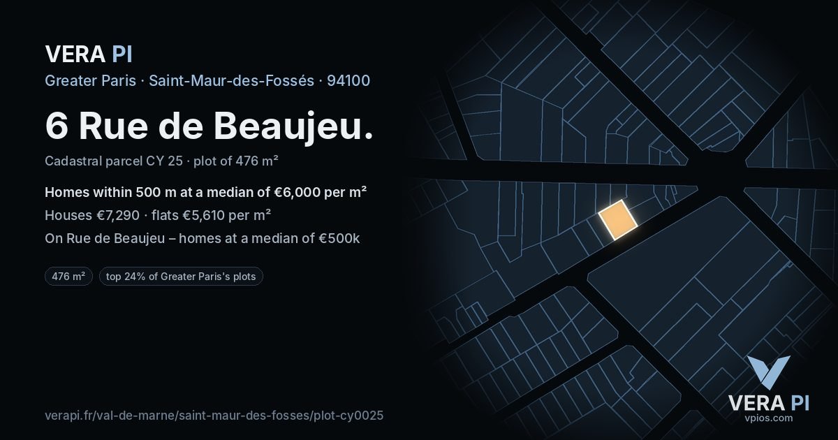 6 Rue de Beaujeu, Saint-Maur-des-Fossés at night – the plot lit, the parcels around coloured by the prices near them