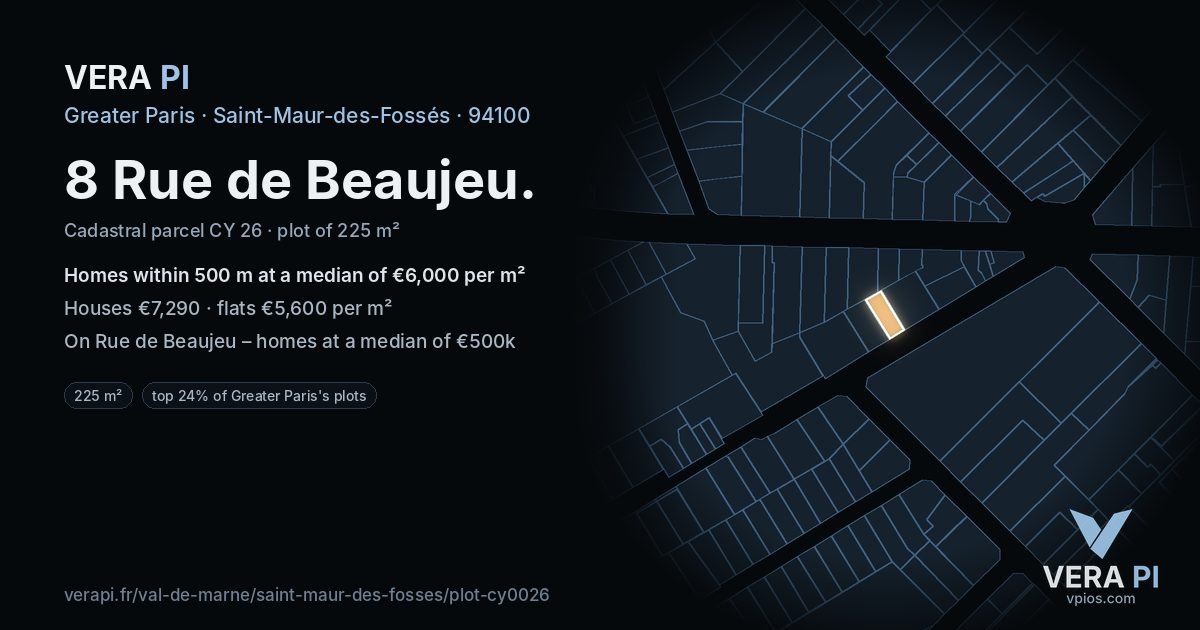 8 Rue de Beaujeu, Saint-Maur-des-Fossés at night – the plot lit, the parcels around coloured by the prices near them