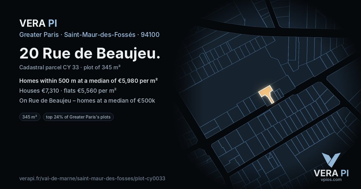 20 Rue de Beaujeu, Saint-Maur-des-Fossés at night – the plot lit, the parcels around coloured by the prices near them