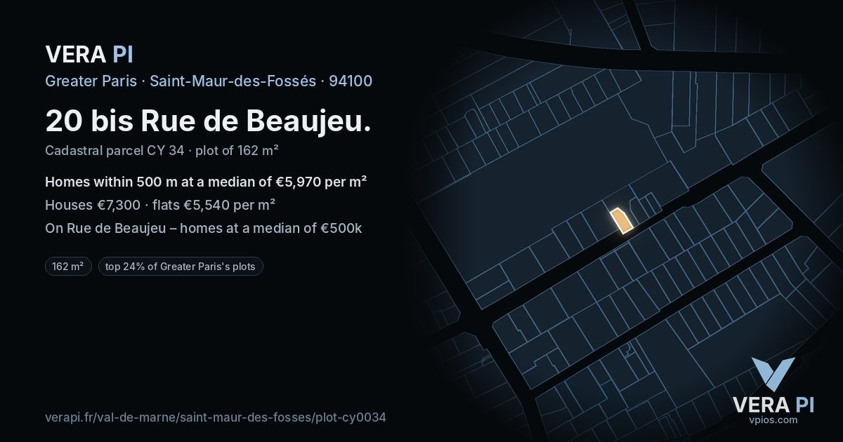 20 bis Rue de Beaujeu, Saint-Maur-des-Fossés at night – the plot lit, the parcels around coloured by the prices near them