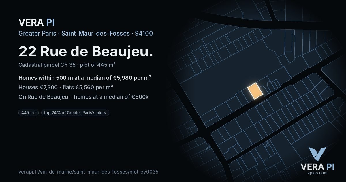 22 Rue de Beaujeu, Saint-Maur-des-Fossés at night – the plot lit, the parcels around coloured by the prices near them