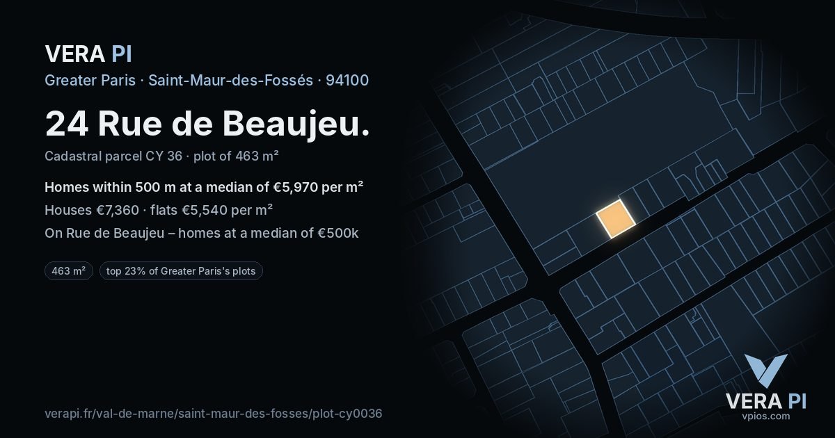 24 Rue de Beaujeu, Saint-Maur-des-Fossés at night – the plot lit, the parcels around coloured by the prices near them