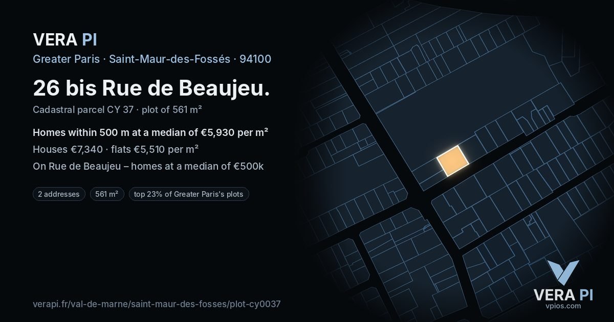 26 bis Rue de Beaujeu, Saint-Maur-des-Fossés at night – the plot lit, the parcels around coloured by the prices near them