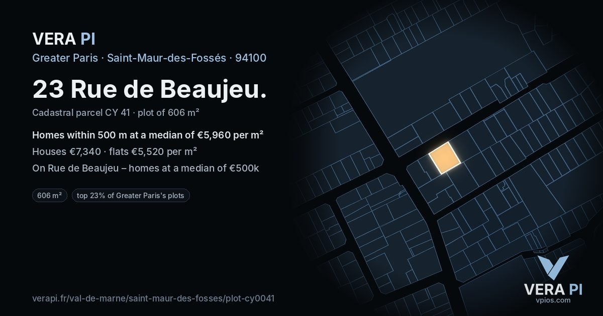 23 Rue de Beaujeu, Saint-Maur-des-Fossés at night – the plot lit, the parcels around coloured by the prices near them