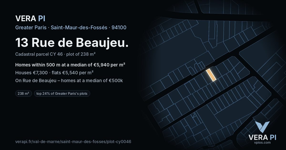 13 Rue de Beaujeu, Saint-Maur-des-Fossés at night – the plot lit, the parcels around coloured by the prices near them