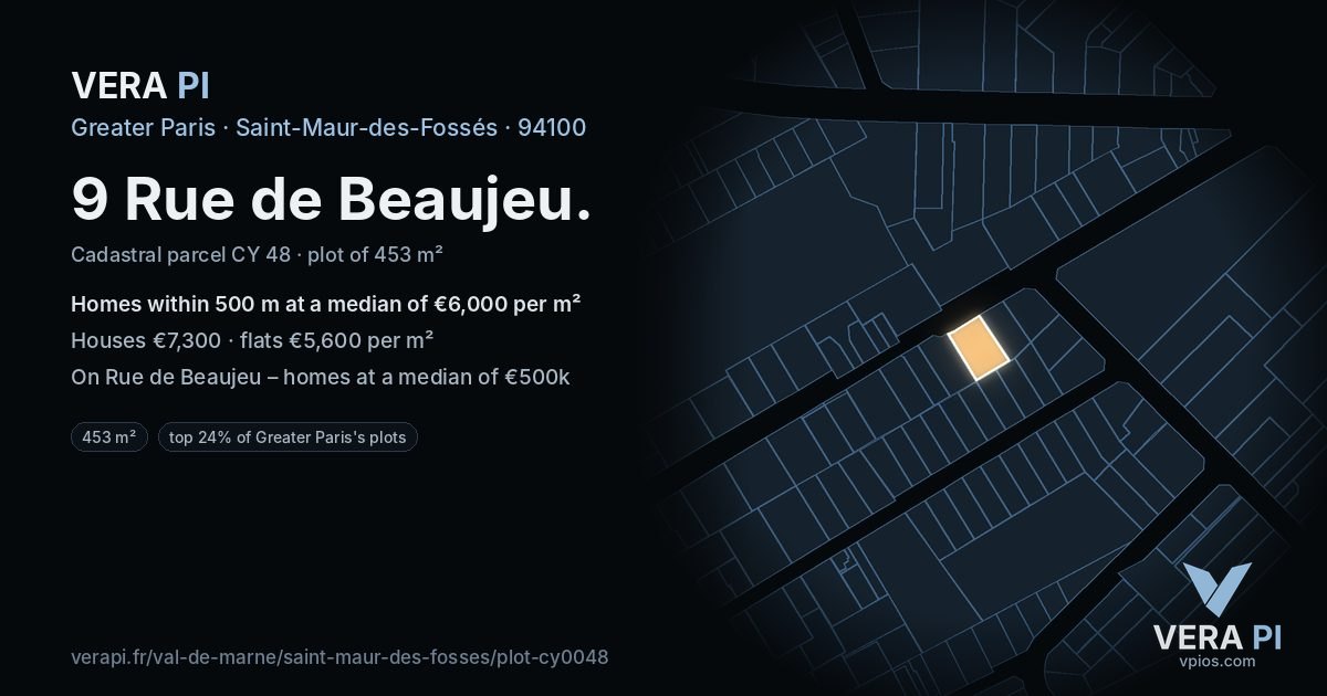 9 Rue de Beaujeu, Saint-Maur-des-Fossés at night – the plot lit, the parcels around coloured by the prices near them