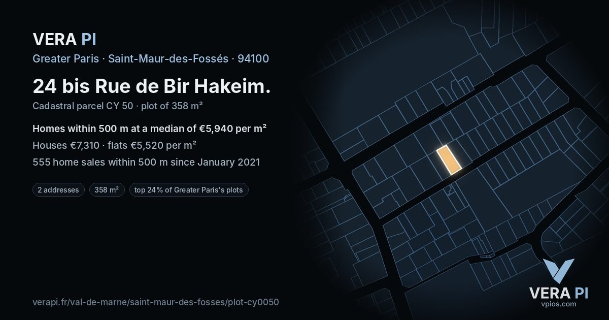 24 bis Rue de Bir Hakeim, Saint-Maur-des-Fossés at night – the plot lit, the parcels around coloured by the prices near them