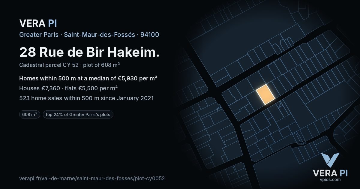 28 Rue de Bir Hakeim, Saint-Maur-des-Fossés at night – the plot lit, the parcels around coloured by the prices near them