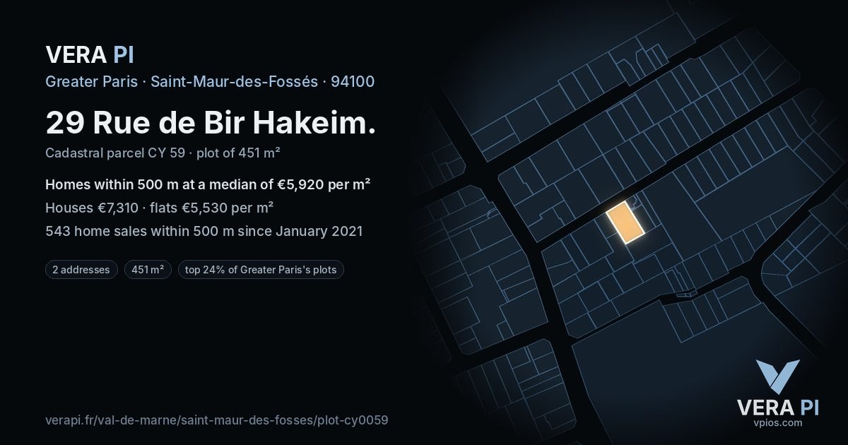 29 Rue de Bir Hakeim, Saint-Maur-des-Fossés at night – the plot lit, the parcels around coloured by the prices near them