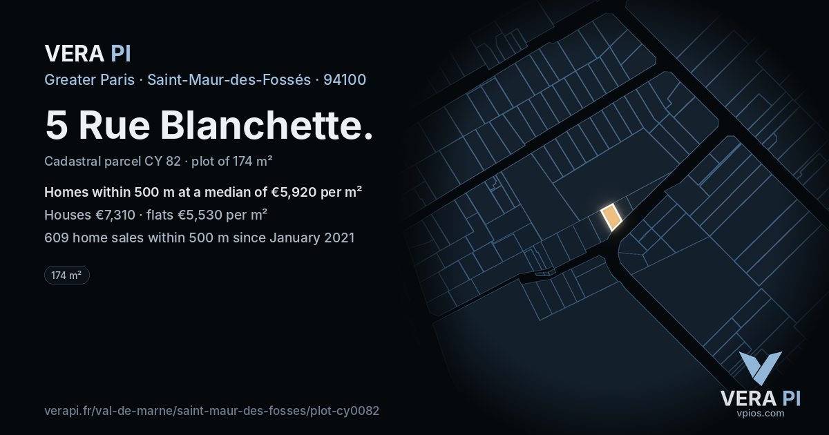 5 Rue Blanchette, Saint-Maur-des-Fossés at night – the plot lit, the parcels around coloured by the prices near them
