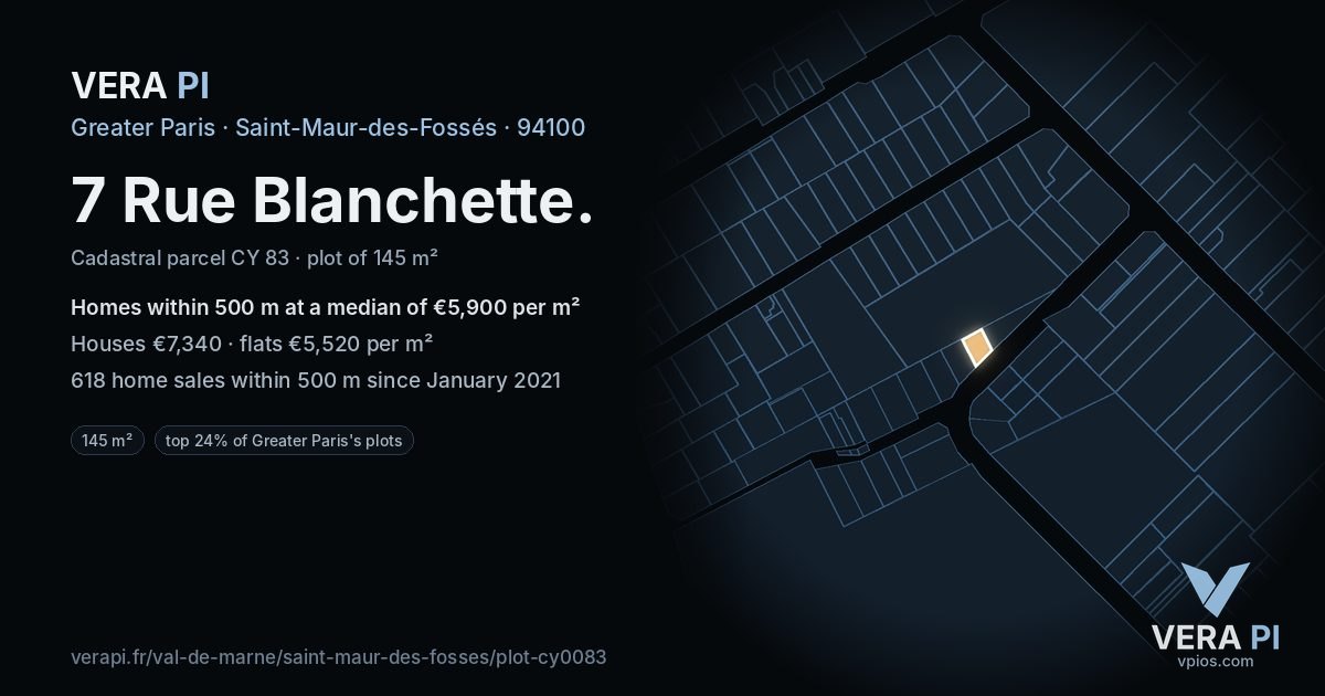 7 Rue Blanchette, Saint-Maur-des-Fossés at night – the plot lit, the parcels around coloured by the prices near them