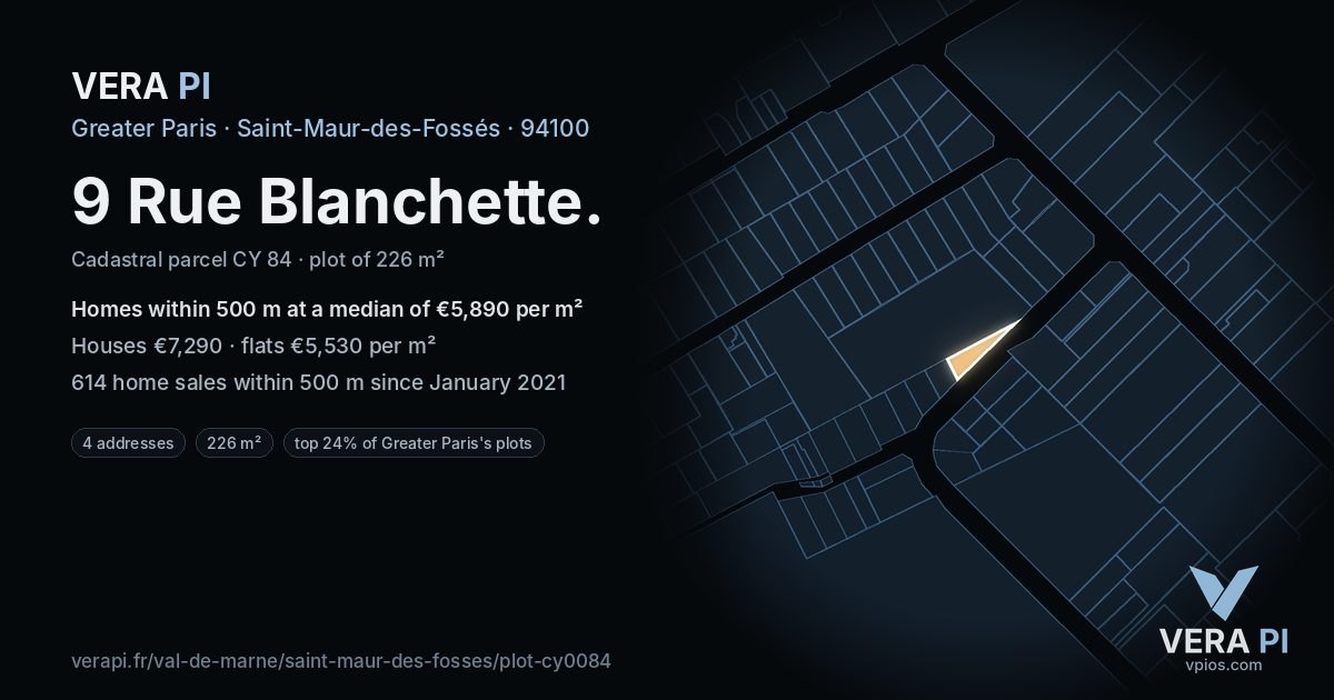 9 Rue Blanchette, Saint-Maur-des-Fossés at night – the plot lit, the parcels around coloured by the prices near them