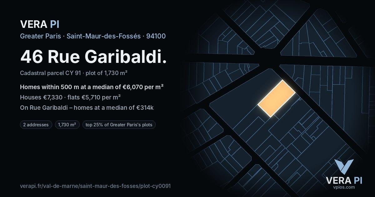 46 Rue Garibaldi, Saint-Maur-des-Fossés at night – the plot lit, the parcels around coloured by the prices near them