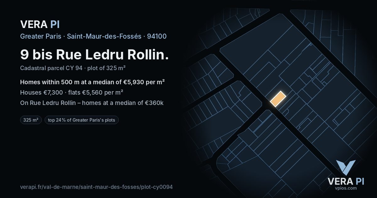 9 bis Rue Ledru Rollin, Saint-Maur-des-Fossés at night – the plot lit, the parcels around coloured by the prices near them