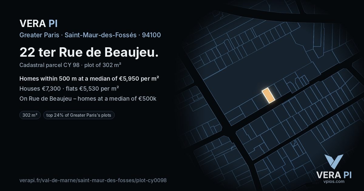 22 ter Rue de Beaujeu, Saint-Maur-des-Fossés at night – the plot lit, the parcels around coloured by the prices near them