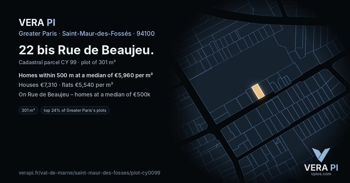 22 bis Rue de Beaujeu, Saint-Maur-des-Fossés at night – the plot lit, the parcels around coloured by the prices near them