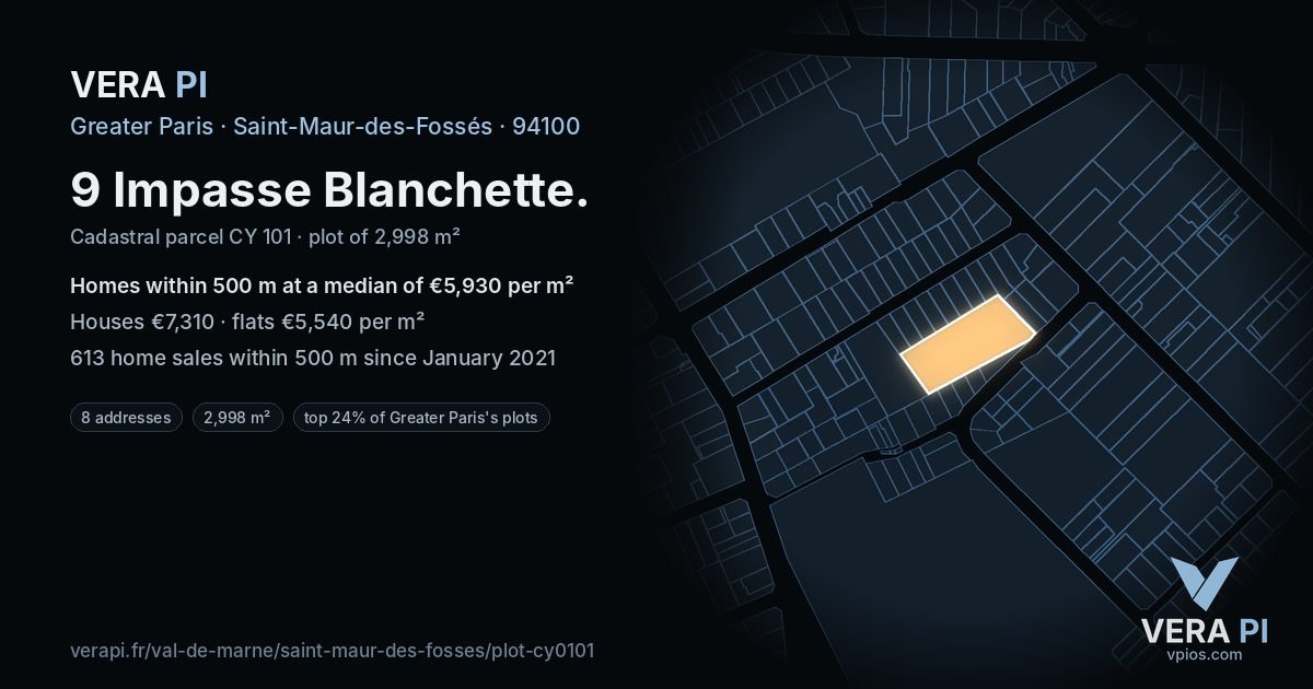 9 Impasse Blanchette, Saint-Maur-des-Fossés at night – the plot lit, the parcels around coloured by the prices near them