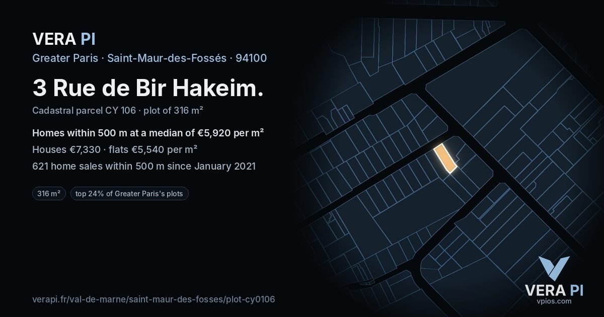3 Rue de Bir Hakeim, Saint-Maur-des-Fossés at night – the plot lit, the parcels around coloured by the prices near them