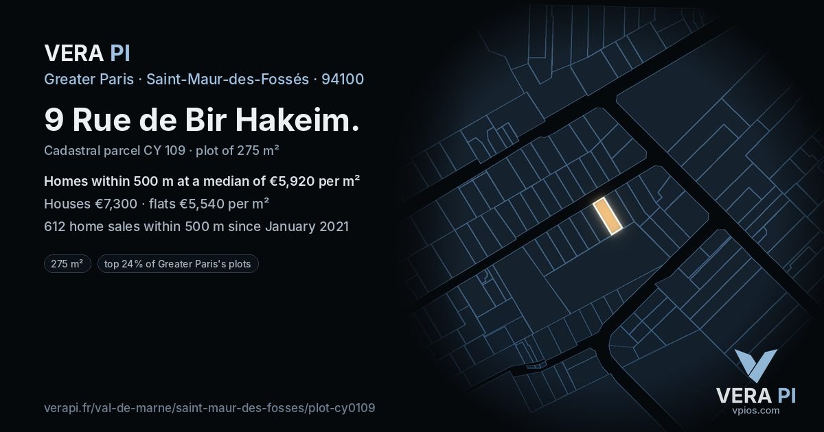 9 Rue de Bir Hakeim, Saint-Maur-des-Fossés at night – the plot lit, the parcels around coloured by the prices near them